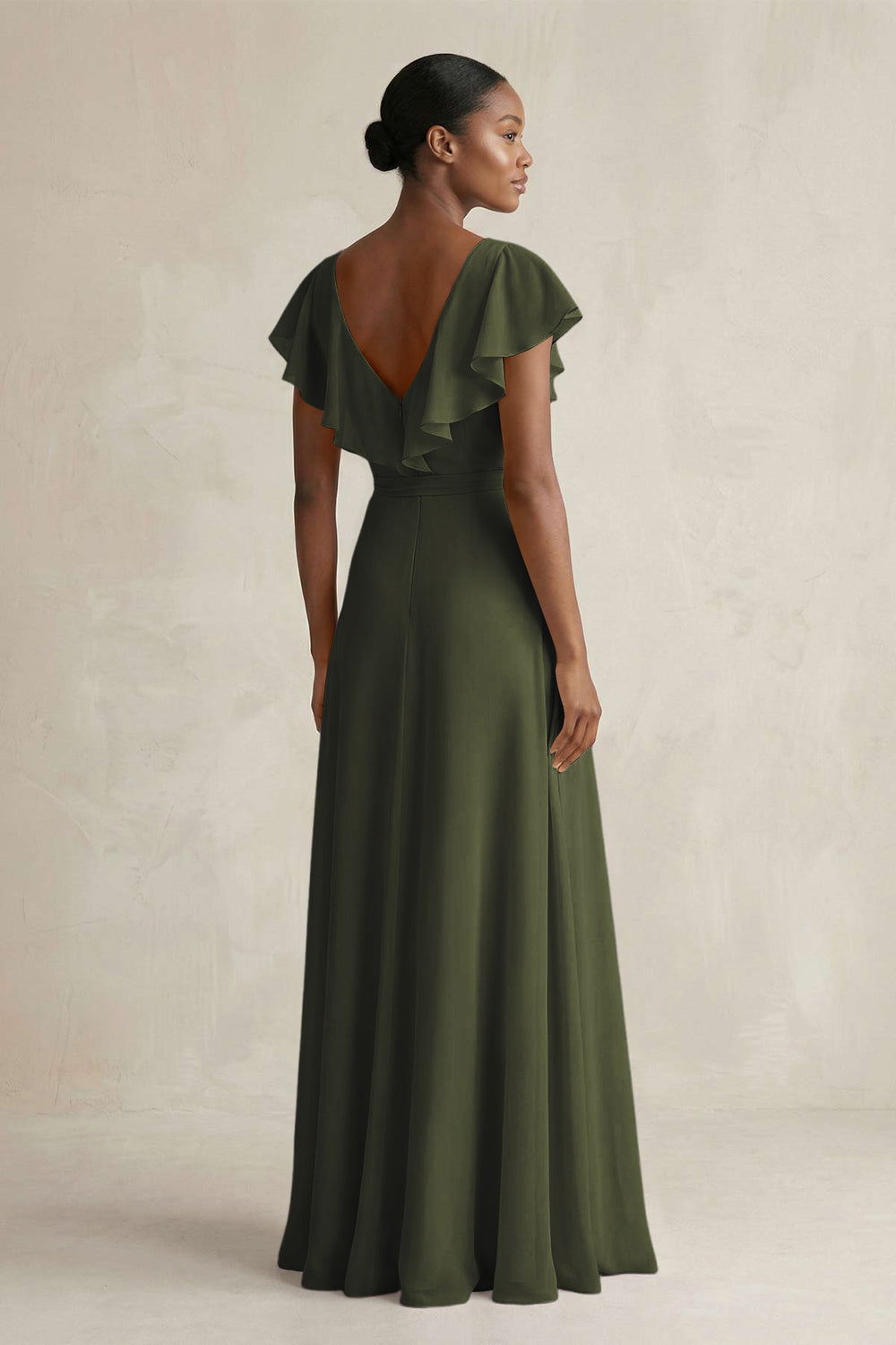 A-Line V-Neck Ruffled Sleeve Chiffon Bridesmaid Dress in Olive
