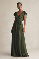 A-Line V-Neck Ruffled Sleeve Chiffon Bridesmaid Dress in Olive | KISSBRIDAL