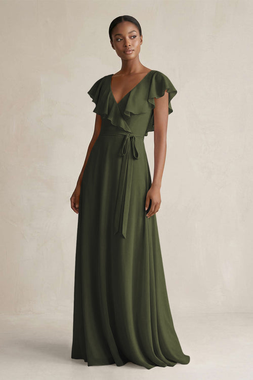 A-Line V-Neck Ruffled Sleeve Chiffon Bridesmaid Dress in Olive | KISSBRIDAL