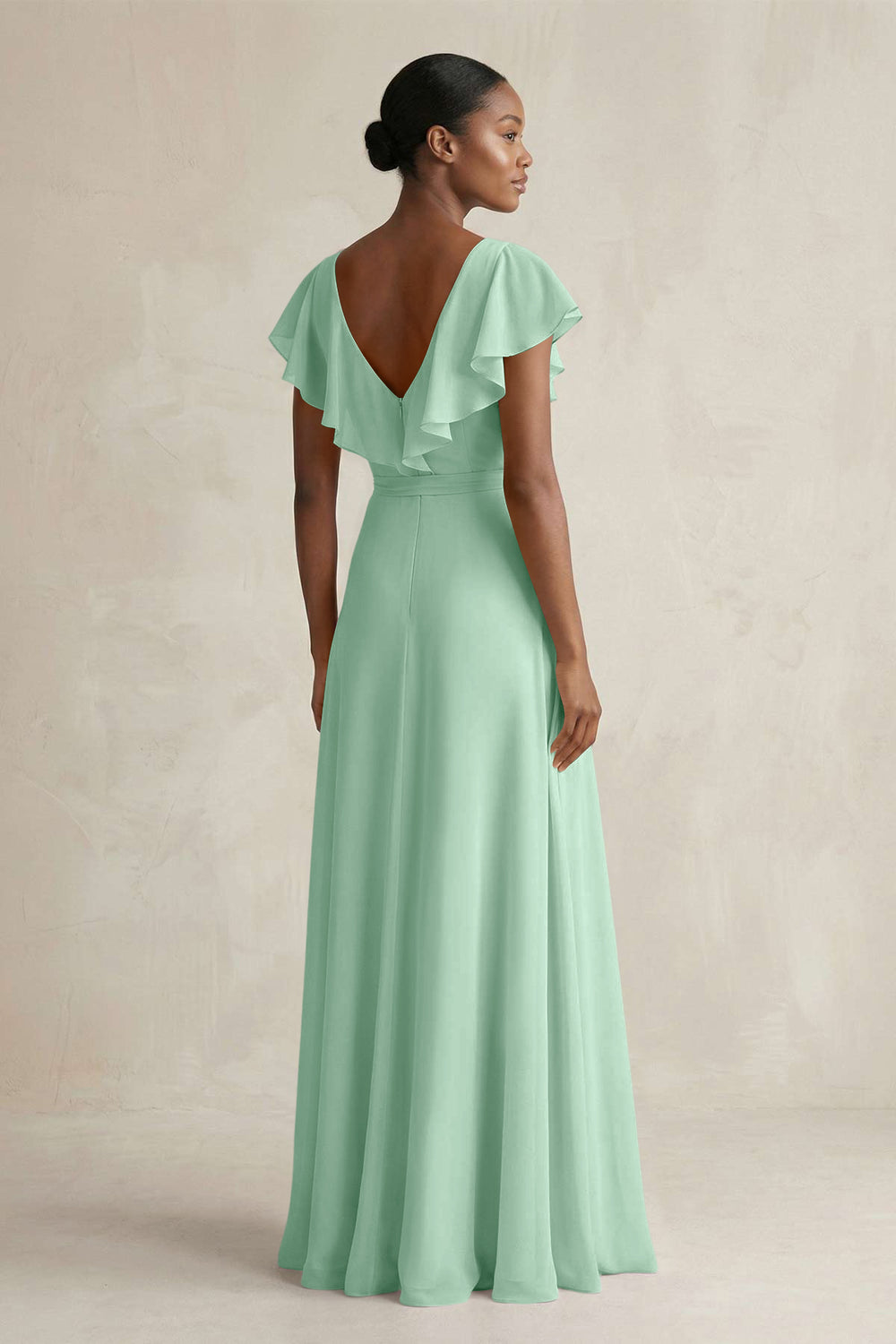 A-Line V-Neck Ruffled Sleeve Chiffon Bridesmaid Dress in Pale Pistachio