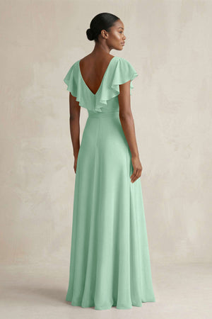 A-Line V-Neck Ruffled Sleeve Chiffon Bridesmaid Dress in Pale Pistachio (2) | KISSBRIDAL