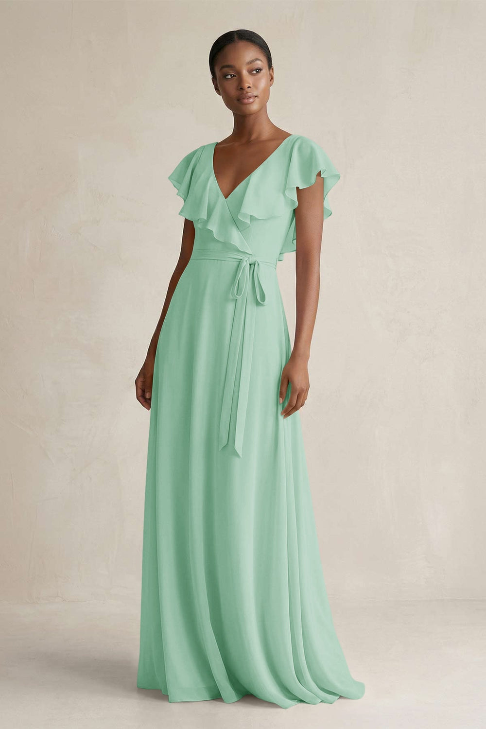 A - Line V - Neck Ruffled Sleeve Chiffon Bridesmaid Dress in Pale Pistachio - KISS BRIDAL Bridesmaid Dresses