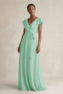 A - Line V - Neck Ruffled Sleeve Chiffon Bridesmaid Dress in Pale Pistachio - SHE IS ME Bridesmaid Dresses
