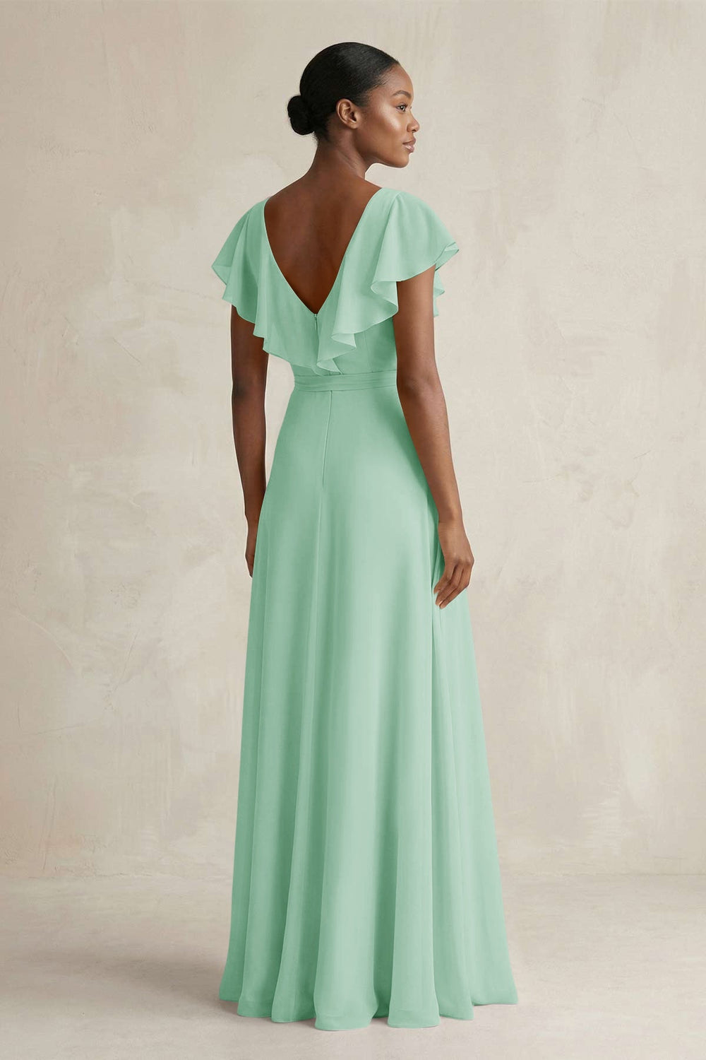 A - Line V - Neck Ruffled Sleeve Chiffon Bridesmaid Dress in Pale Pistachio - KISS BRIDAL Bridesmaid Dresses