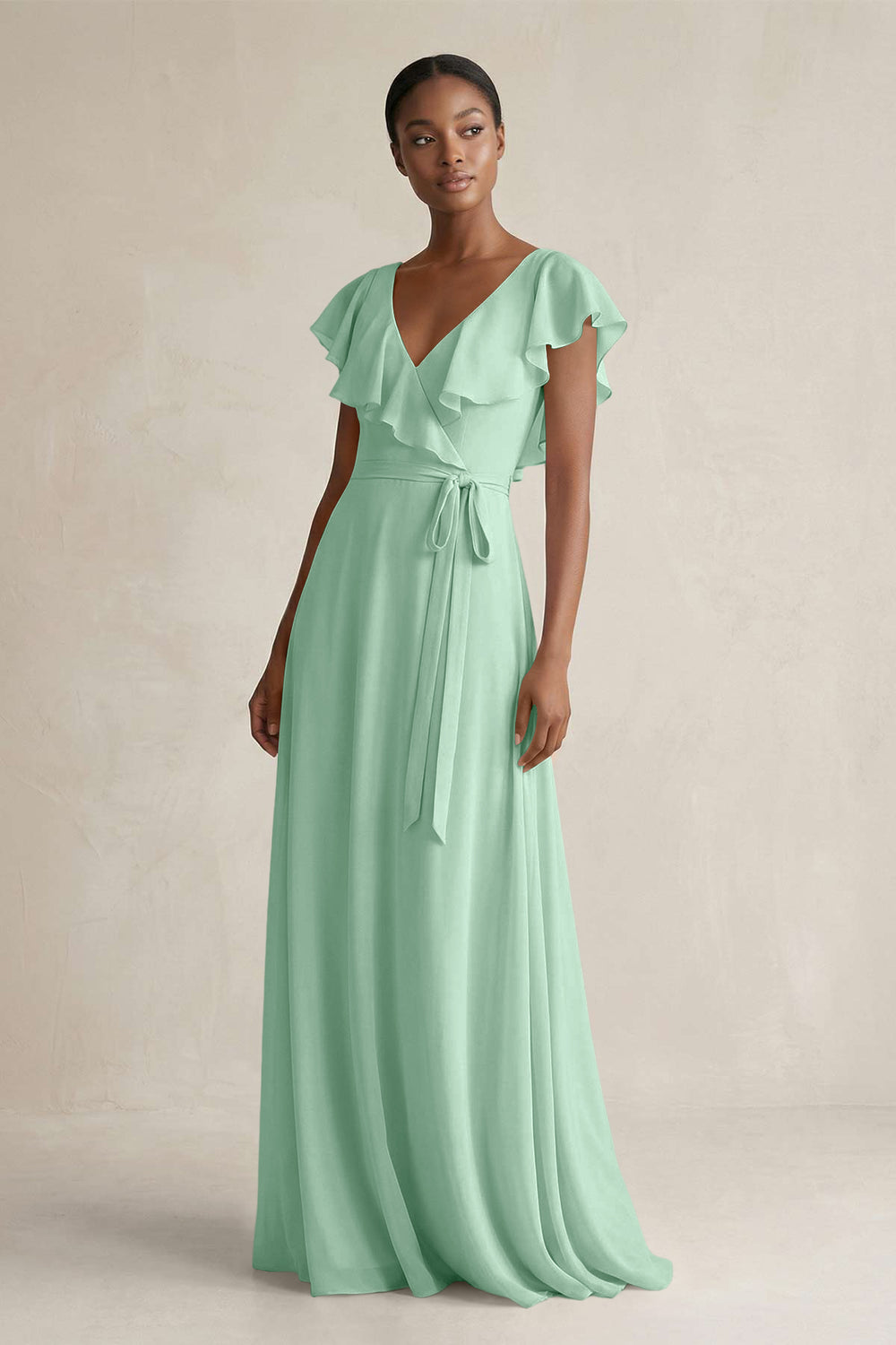 A-Line V-Neck Ruffled Sleeve Chiffon Bridesmaid Dress in Pale Pistachio