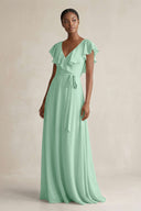A-Line V-Neck Ruffled Sleeve Chiffon Bridesmaid Dress in Pale Pistachio | KISSBRIDAL