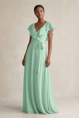 A-Line V-Neck Ruffled Sleeve Chiffon Bridesmaid Dress in Pale Pistachio | KISSBRIDAL