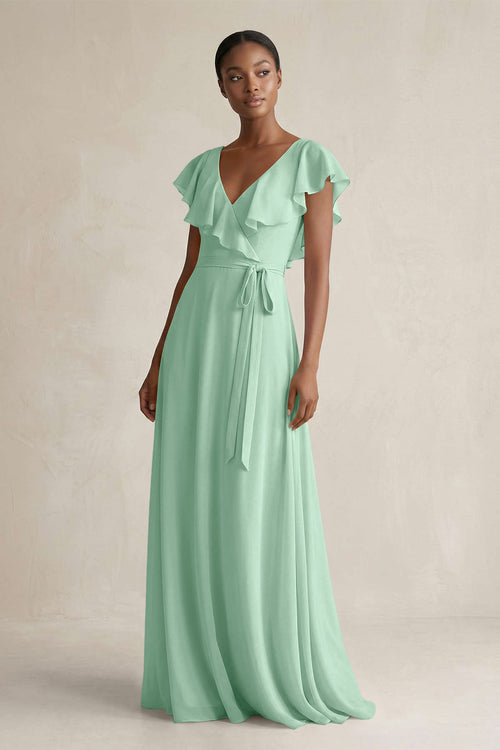 A-Line V-Neck Ruffled Sleeve Chiffon Bridesmaid Dress in Pale Pistachio | KISSBRIDAL