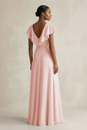 A-Line V-Neck Ruffled Sleeve Chiffon Bridesmaid Dress in Rose Petal (2) | KISSBRIDAL