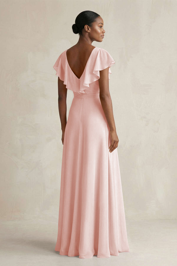 A-Line V-Neck Ruffled Sleeve Chiffon Bridesmaid Dress in Rose Petal (2) | KISSBRIDAL