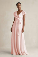A-Line V-Neck Ruffled Sleeve Chiffon Bridesmaid Dress in Rose Petal | KISSBRIDAL