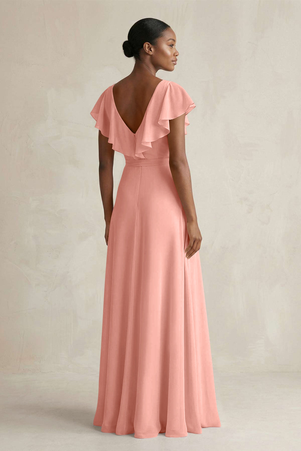 A-Line V-Neck Ruffled Sleeve Chiffon Bridesmaid Dress in Rosette