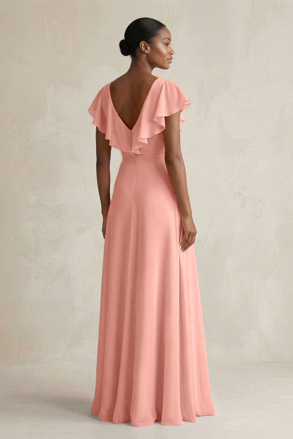 A-Line V-Neck Ruffled Sleeve Chiffon Bridesmaid Dress in Rosette (2) | KISSBRIDAL