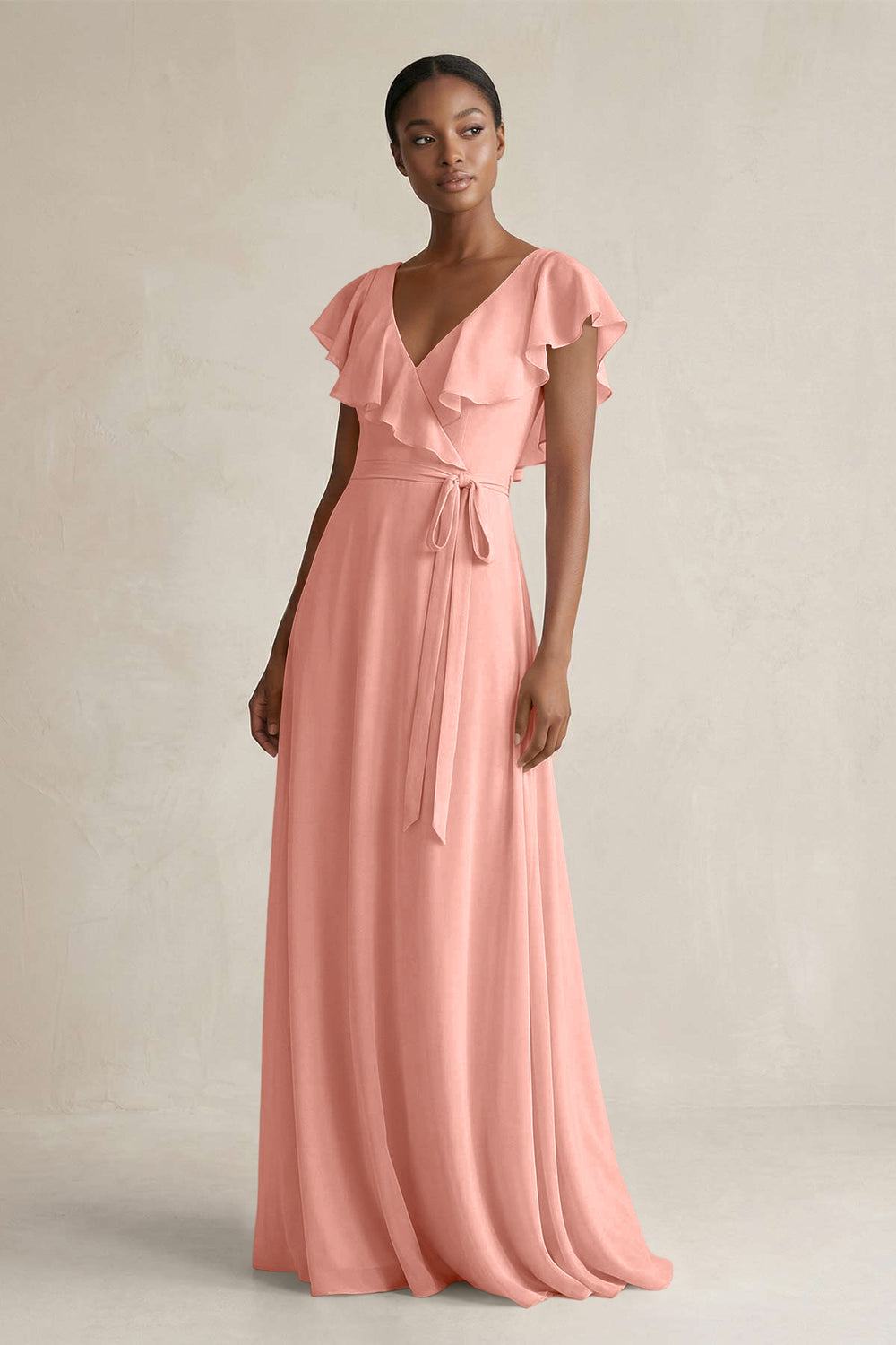 A-Line V-Neck Ruffled Sleeve Chiffon Bridesmaid Dress in Rosette