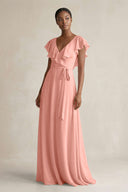 A-Line V-Neck Ruffled Sleeve Chiffon Bridesmaid Dress in Rosette | KISSBRIDAL