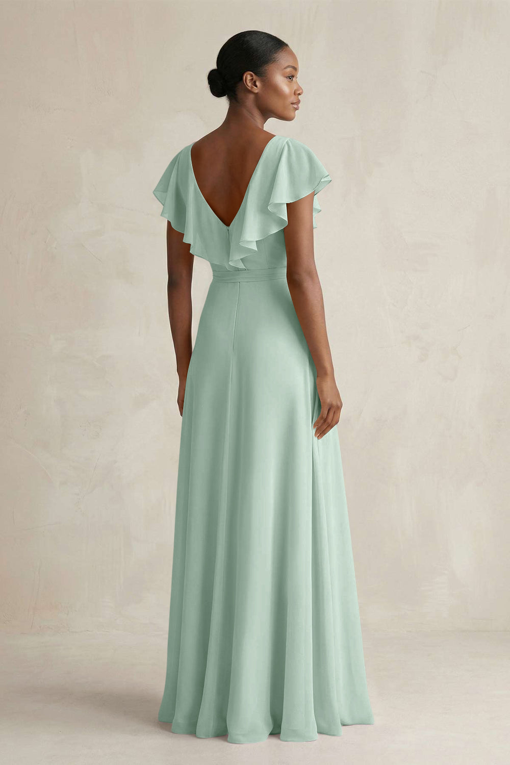 A-Line V-Neck Ruffled Sleeve Chiffon Bridesmaid Dress in Sage