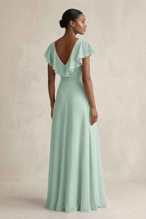 A-Line V-Neck Ruffled Sleeve Chiffon Bridesmaid Dress in Sage (2) | KISSBRIDAL