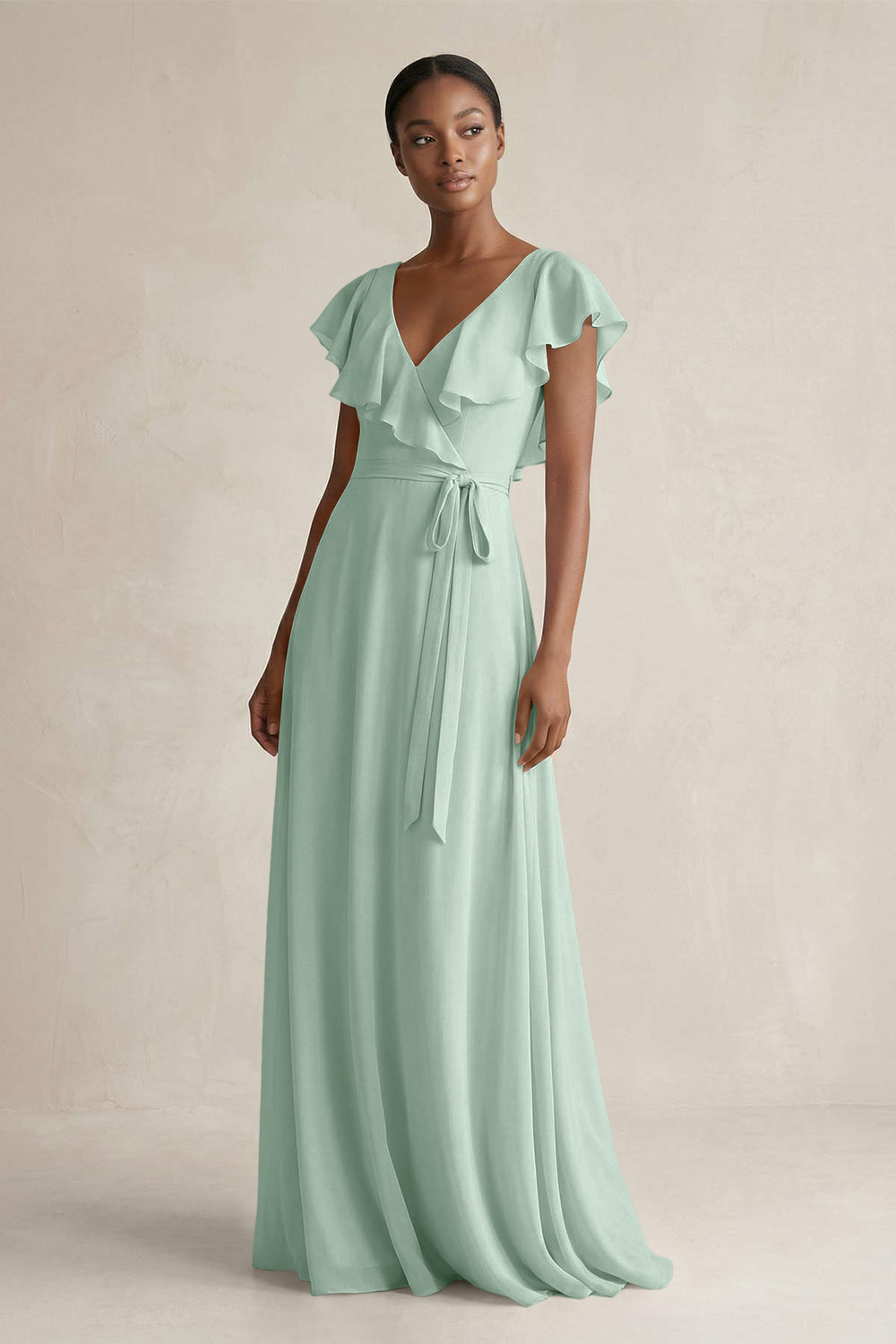 A-Line V-Neck Ruffled Sleeve Chiffon Bridesmaid Dress in Sage