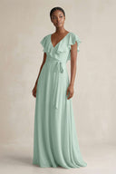 A-Line V-Neck Ruffled Sleeve Chiffon Bridesmaid Dress in Sage | KISSBRIDAL