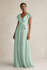A-Line V-Neck Ruffled Sleeve Chiffon Bridesmaid Dress in Sage | KISSBRIDAL