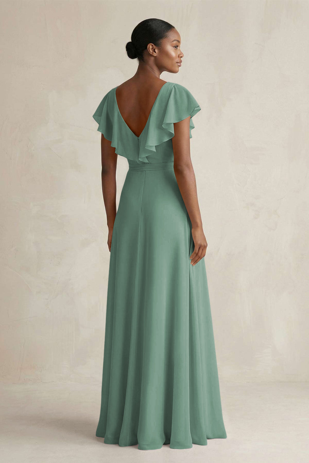 A-Line V-Neck Ruffled Sleeve Chiffon Bridesmaid Dress in Sea Glass