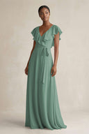 A-Line V-Neck Ruffled Sleeve Chiffon Bridesmaid Dress in Sea Glass | KISSBRIDAL