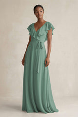 A-Line V-Neck Ruffled Sleeve Chiffon Bridesmaid Dress in Sea Glass | KISSBRIDAL