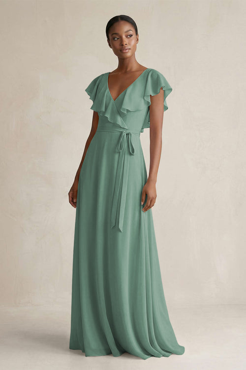 A-Line V-Neck Ruffled Sleeve Chiffon Bridesmaid Dress in Sea Glass | KISSBRIDAL