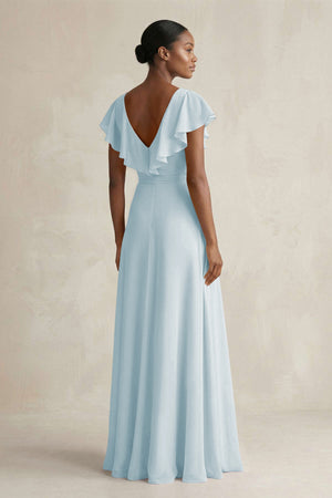 A-Line V-Neck Ruffled Sleeve Chiffon Bridesmaid Dress in Sky Blue (2) | KISSBRIDAL