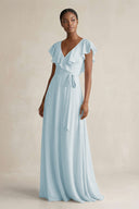 A-Line V-Neck Ruffled Sleeve Chiffon Bridesmaid Dress in Sky Blue | KISSBRIDAL