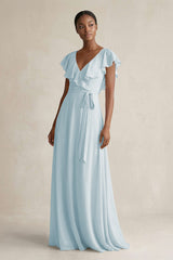 A-Line V-Neck Ruffled Sleeve Chiffon Bridesmaid Dress in Sky Blue | KISSBRIDAL