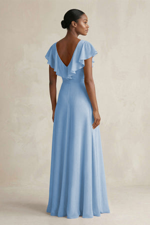 A-Line V-Neck Ruffled Sleeve Chiffon Bridesmaid Dress in Steel Blue (2) | KISSBRIDAL