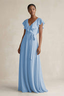 A-Line V-Neck Ruffled Sleeve Chiffon Bridesmaid Dress in Steel Blue | KISSBRIDAL