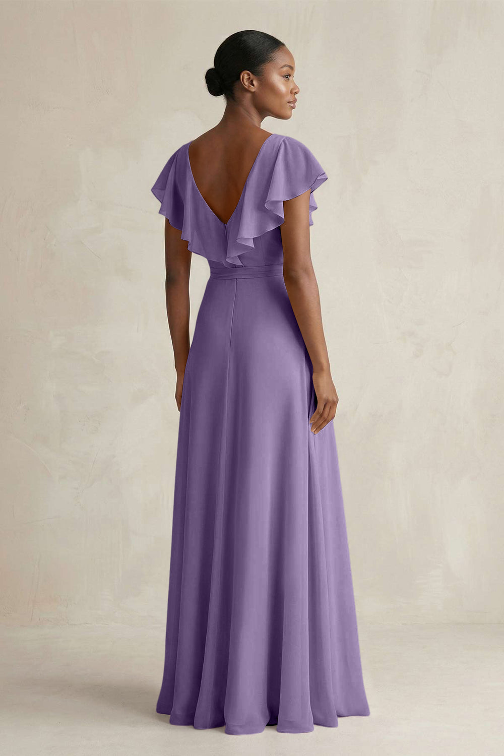 A-Line V-Neck Ruffled Sleeve Chiffon Bridesmaid Dress in Tahiti
