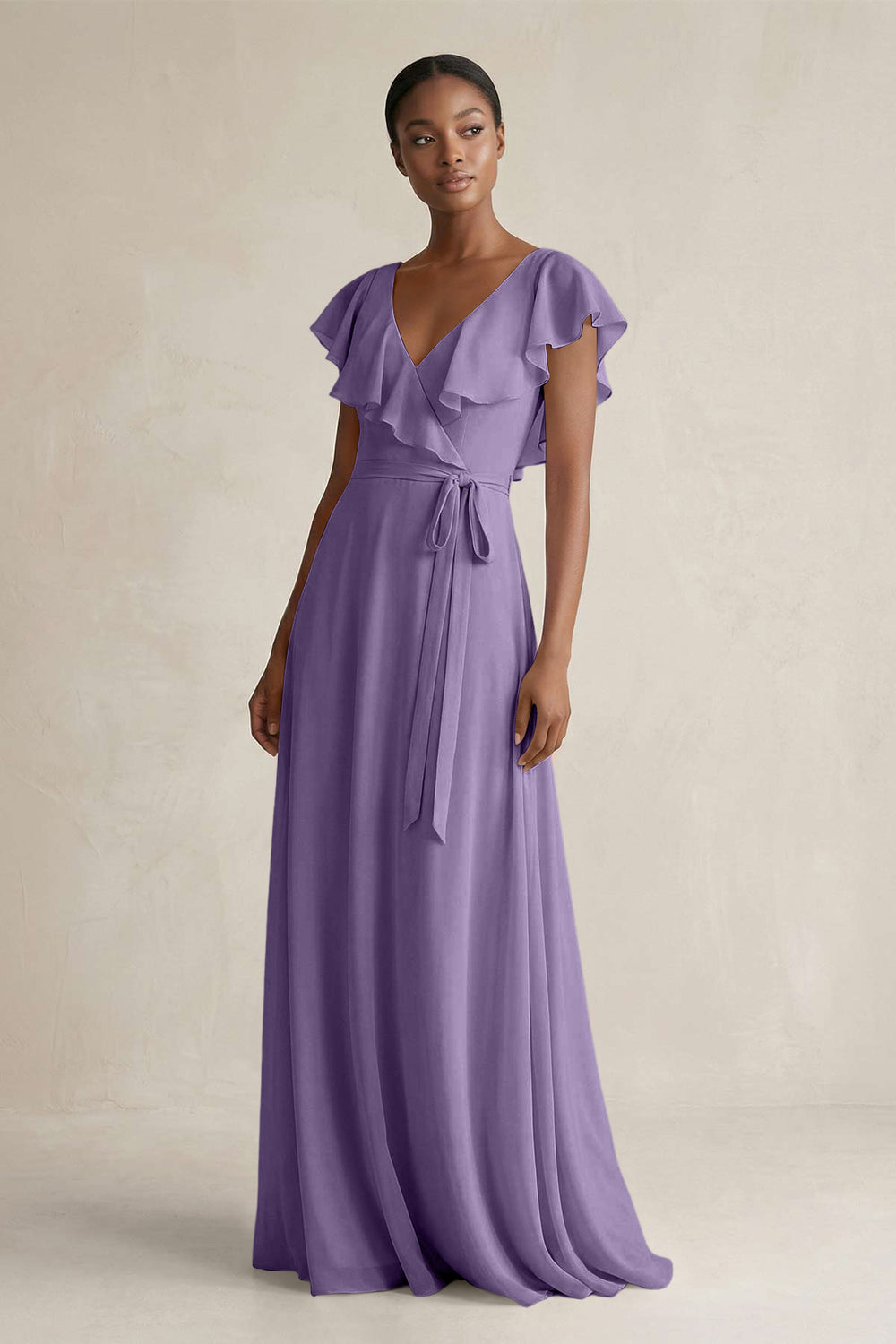 A-Line V-Neck Ruffled Sleeve Chiffon Bridesmaid Dress in Tahiti