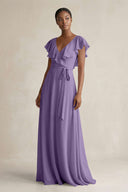 A-Line V-Neck Ruffled Sleeve Chiffon Bridesmaid Dress in Tahiti | KISSBRIDAL