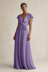 A-Line V-Neck Ruffled Sleeve Chiffon Bridesmaid Dress in Tahiti | KISSBRIDAL
