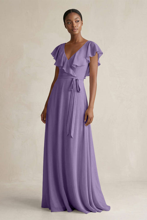 A-Line V-Neck Ruffled Sleeve Chiffon Bridesmaid Dress in Tahiti | KISSBRIDAL