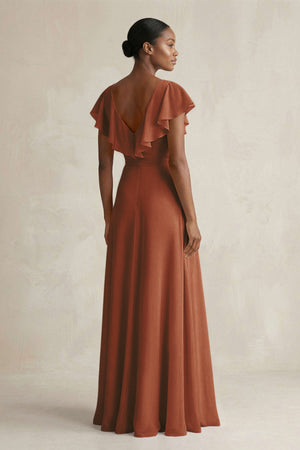 A-Line V-Neck Ruffled Sleeve Chiffon Bridesmaid Dress in Terracotta (2) | KISSBRIDAL
