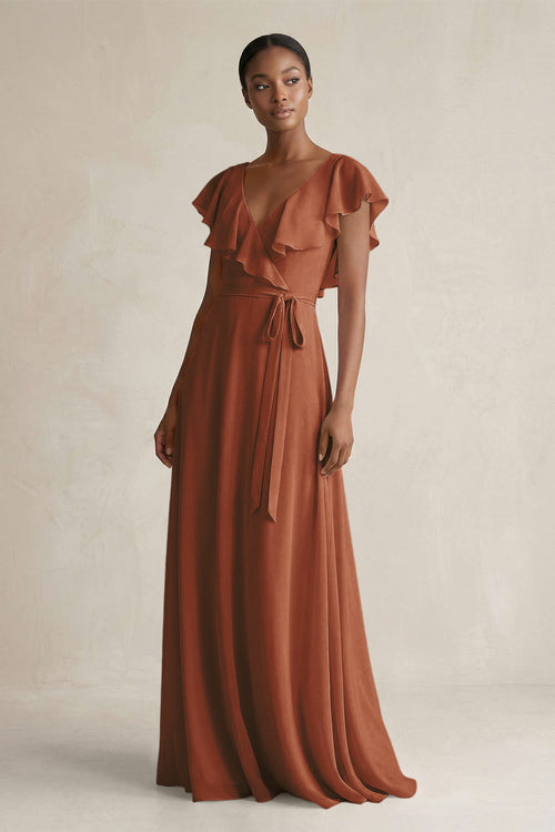 A-Line V-Neck Ruffled Sleeve Chiffon Bridesmaid Dress in Terracotta | KISSBRIDAL