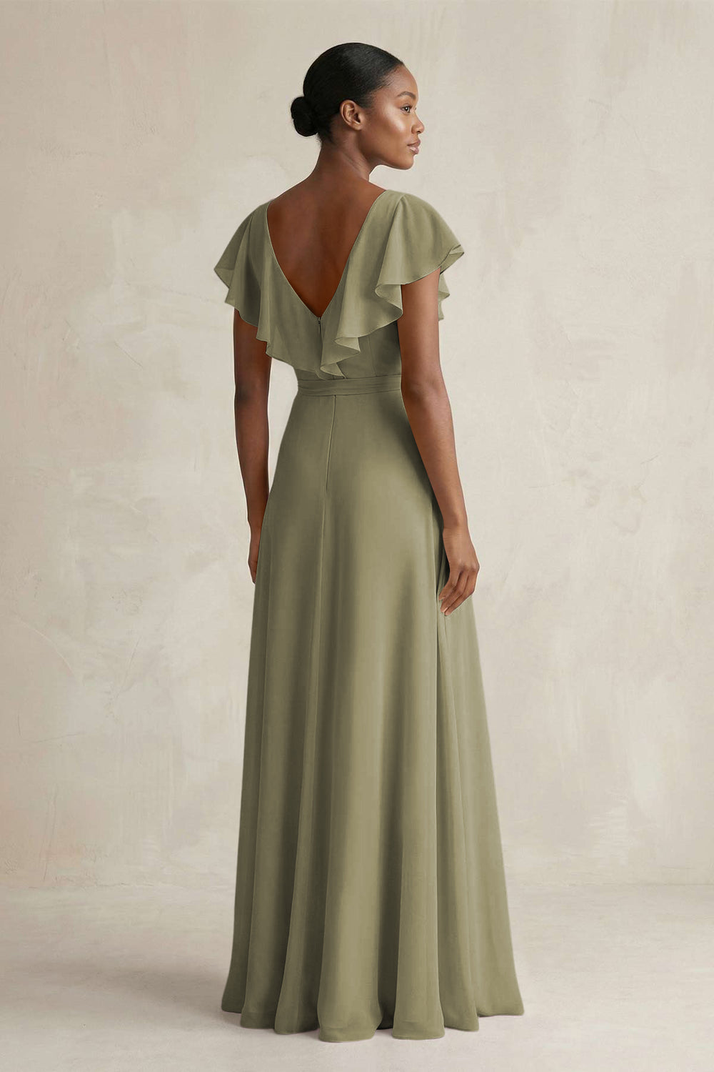 A-Line V-Neck Ruffled Sleeve Chiffon Bridesmaid Dress in Thyme