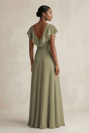 A-Line V-Neck Ruffled Sleeve Chiffon Bridesmaid Dress in Thyme (2) | KISSBRIDAL
