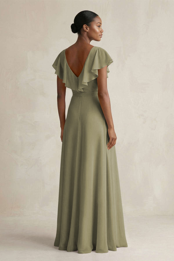 A-Line V-Neck Ruffled Sleeve Chiffon Bridesmaid Dress in Thyme (2) | KISSBRIDAL