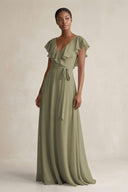 A-Line V-Neck Ruffled Sleeve Chiffon Bridesmaid Dress in Thyme | KISSBRIDAL