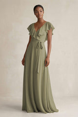 A-Line V-Neck Ruffled Sleeve Chiffon Bridesmaid Dress in Thyme | KISSBRIDAL