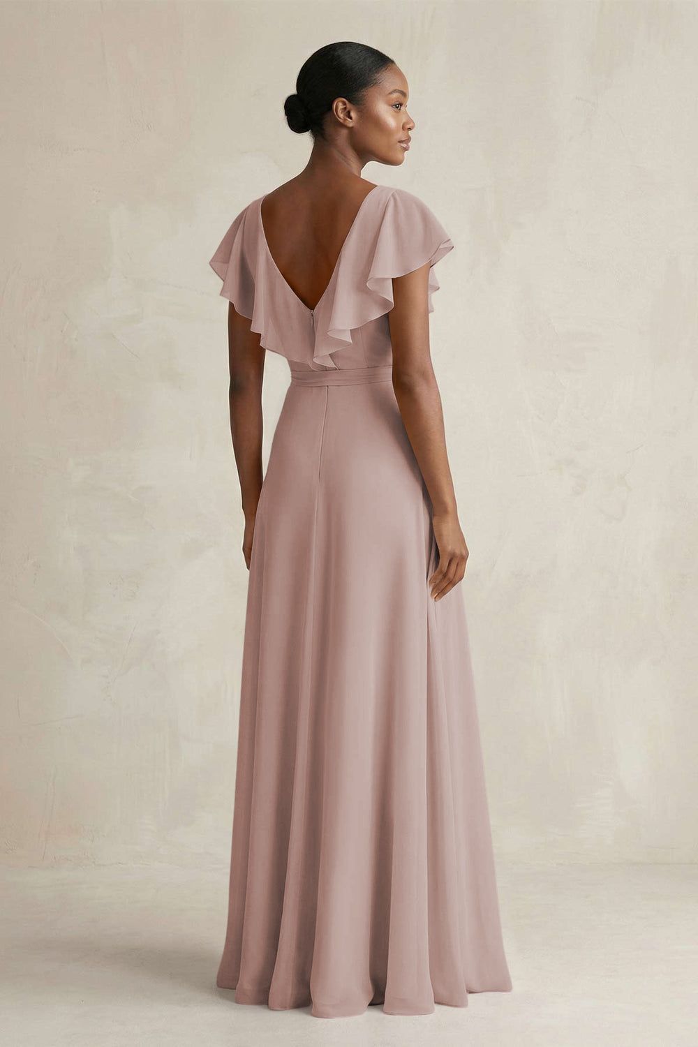 A-Line V-Neck Ruffled Sleeve Chiffon Bridesmaid Dress in Toffee