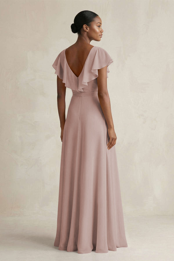 A-Line V-Neck Ruffled Sleeve Chiffon Bridesmaid Dress in Toffee (2) | KISSBRIDAL