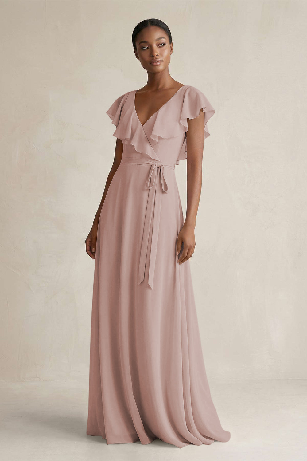 A-Line V-Neck Ruffled Sleeve Chiffon Bridesmaid Dress in Toffee