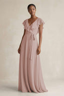 A-Line V-Neck Ruffled Sleeve Chiffon Bridesmaid Dress in Toffee | KISSBRIDAL