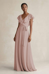 A-Line V-Neck Ruffled Sleeve Chiffon Bridesmaid Dress in Toffee | KISSBRIDAL